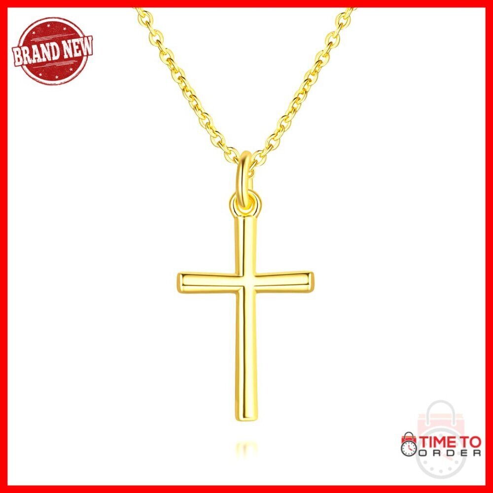 14K Gold Plated Cross Pendant Necklace, Minimalist Chain, 50cm Length